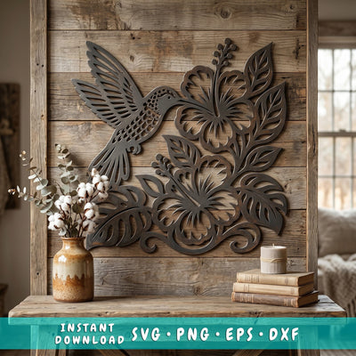 Hummingbird and Hibiscus Laser SVG | Tropical Floral Metal Wall Art DXF | Plasma CNC Laser Cut File | Garden Bird Wall Decor Svg Eps Png SVG HappyDesignStudio 