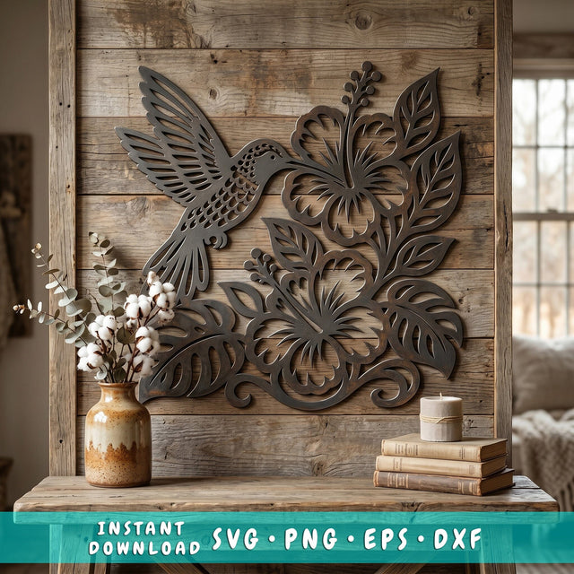 Hummingbird and Hibiscus Laser SVG | Tropical Floral Metal Wall Art DXF | Plasma CNC Laser Cut File | Garden Bird Wall Decor Svg Eps Png SVG HappyDesignStudio 