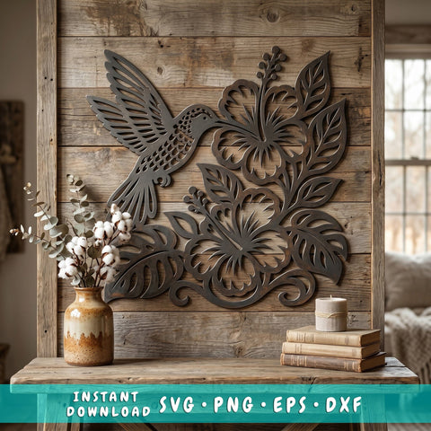 Hummingbird and Hibiscus Laser SVG | Tropical Floral Metal Wall Art DXF | Plasma CNC Laser Cut File | Garden Bird Wall Decor Svg Eps Png SVG HappyDesignStudio 
