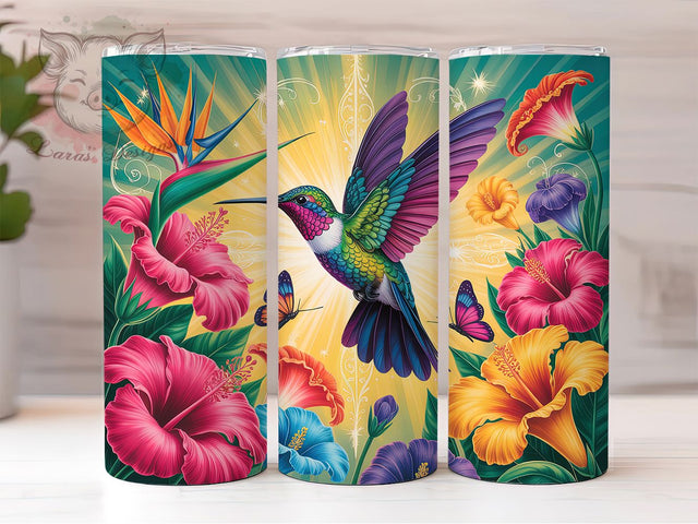 Hummingbird Floral Elegance 20oz Tumbler, Mid-Flight Bird, Magnificent Wings, Nature Elegance, Garden Beauty, 20oz Tumbler Wrap, Sublimation PNG Sublimation Lara' s Designs 