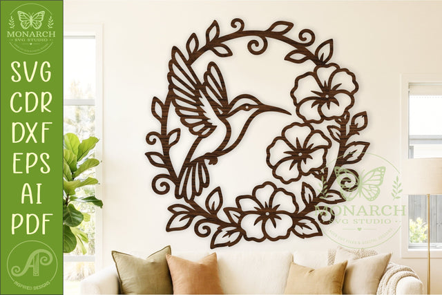 Hummingbird Floral Wreath SVG, Elegant Bird Wall Art Laser SVG APInspireddesigns 