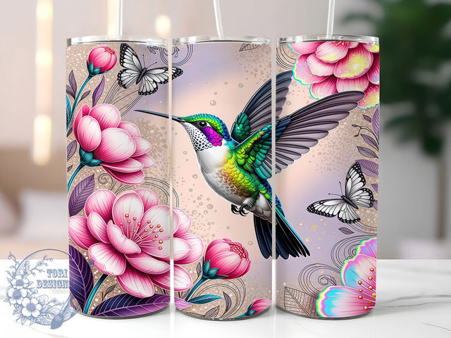 Hummingbird Flowers Art 20oz Tumbler, Hummingbird Floral Tumbler, Artistic Garden Mug, Nature Pattern Cup, Whimsical Bird Drinkware, Rustic Country Style, Bright Summer Humor, Elegant Bloom Design Sublimation ToriDesigns 