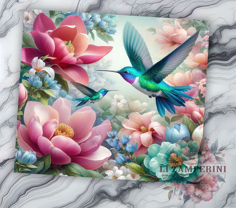 Hummingbird Tumbler, Floral Drinkware, Nature Inspired Mug, Botanical Tumbler, 20oz Sublimation Wrap, Flower Tumbler, Colorful Bird Mug Sublimation Li Zamperini 