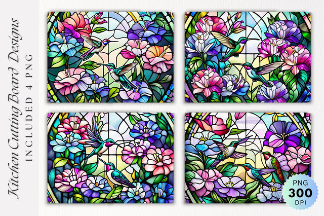 Hummingbirds and flowers stained glass Cutting Board PNG Design Sublimation Regulrcrative 