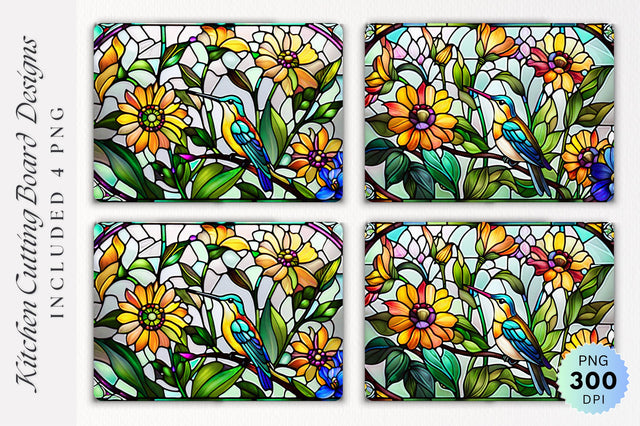 Hummingbirds and flowers stained glass Cutting Board PNG Design Sublimation Regulrcrative 