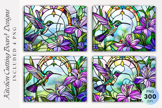 Hummingbirds and flowers stained glass Cutting Board PNG Design Sublimation Regulrcrative 