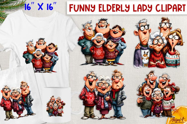 Humor Christmas clipart Happy elderly lady with family PNG Sublimation Angelina Semenova 