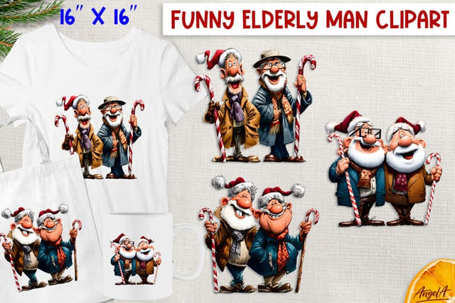 Humor Christmas clipart Happy elderly men with candy cane Sublimation Angelina Semenova 