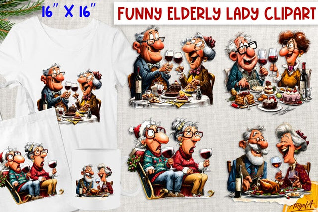 Humor Christmas clipart Happy elderly people drinking wine Sublimation Angelina Semenova 