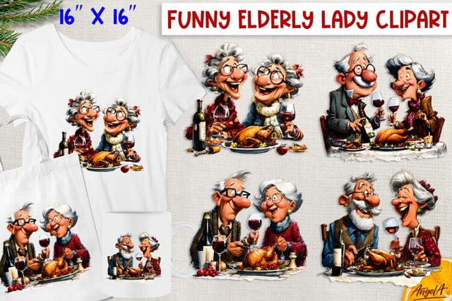 Humor Christmas clipart Happy elderly people drinking wine Sublimation Angelina Semenova 