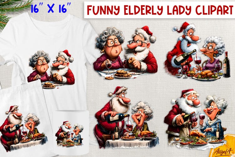 Humor Christmas clipart old lady, Santa Claus drinking wine Sublimation Angelina Semenova 