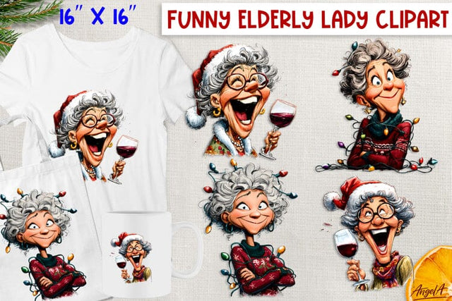 Humor elderly old lady Funny Christmas clipart PNG Sublimation Angelina Semenova 