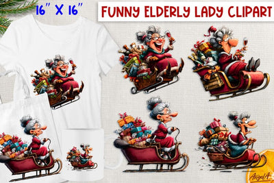 Humor old lady Santa's sleigh Funny Christmas clipart PNG Sublimation Angelina Semenova 