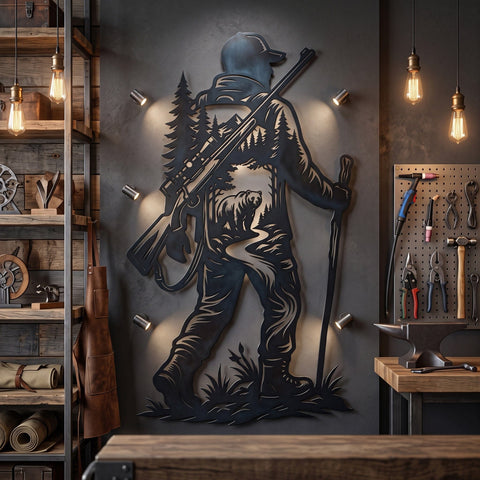 Hunter And Bear Laser SVG | Bear Forest Scene DXF | Hunting Metal Wall Art Cut File | Plasma CNC Laser Cut Svg | Rustic Cabin Decor SVG HappyDesignStudio 