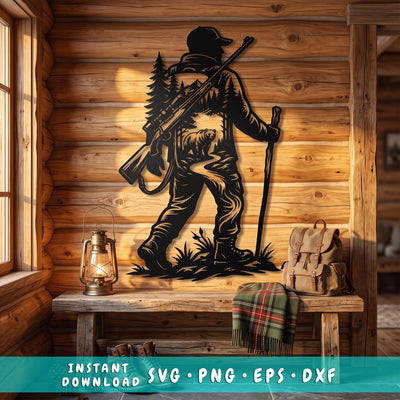 Hunter And Bear Laser SVG | Bear Forest Scene DXF | Hunting Metal Wall Art Cut File | Plasma CNC Laser Cut Svg | Rustic Cabin Decor SVG HappyDesignStudio 