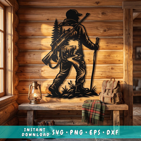 Hunter And Bear Laser SVG | Bear Forest Scene DXF | Hunting Metal Wall Art Cut File | Plasma CNC Laser Cut Svg | Rustic Cabin Decor SVG HappyDesignStudio 