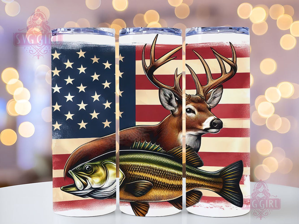 Hunting and Fishing 20 Oz Skinny Tumbler Wrap, Deer and Bass Fish Flag ...