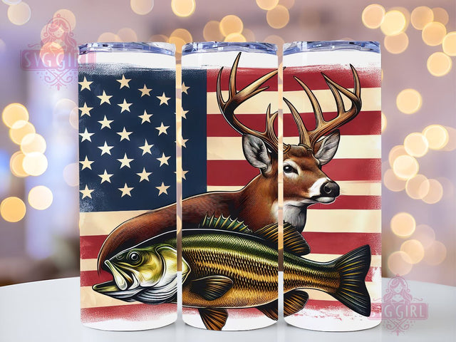 Hunting and Fishing 20 Oz Skinny Tumbler Wrap, Deer and Bass Fish Flag Tumbler Png, Bass Fish, Deer and Lake Sublimation Design, Instant Digital Download Sublimation SvggirlplusArt 