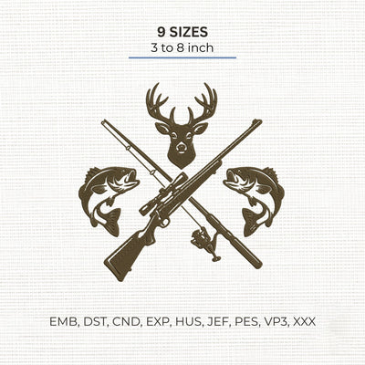 Hunting and Fishing Embroidery Design – Deer Head Crossed Rifles Bass Fish Outdoor Sportsman Machine Embroidery File Embroidery/Applique DESIGNS PatternFeed8 