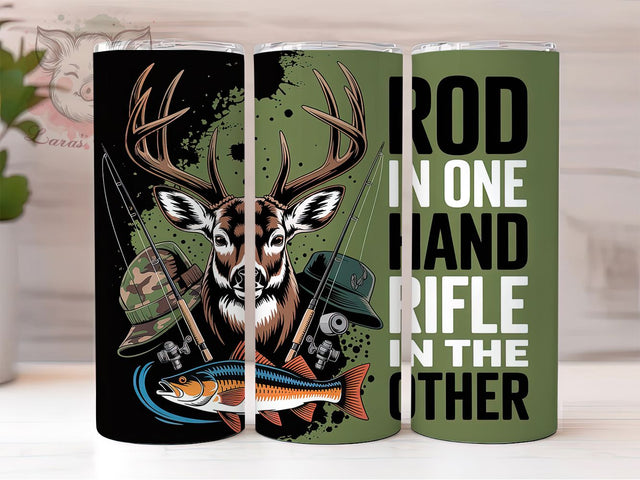 Hunting and Fishing Sportsman Tumbler, Outdoor Sportsman Cup, 20Oz Skinny Tumbler Wrap, Rifle and Fishing Rod Design, Hunter Gift Sublimation, Country Lifestyle Drinkware Sublimation Lara' s Designs 