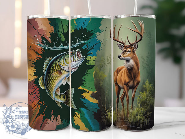 Hunting and Fishing Wildlife Tumbler, Fishing Design, Bass Fish, Deer Art, Outdoor Lifestyle, Tumbler Wrap, Sublimation Design, 20oz Tumbler, Wildlife Artwork Sublimation ToriDesigns 