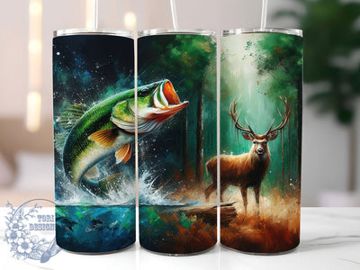 Hunting and Fishing Wildlife Tumbler, Fishing Design, Bass Fish, Deer Art, Outdoor Lifestyle, Tumbler Wrap, Sublimation Design, 20oz Tumbler, Wildlife Artwork Sublimation ToriDesigns 