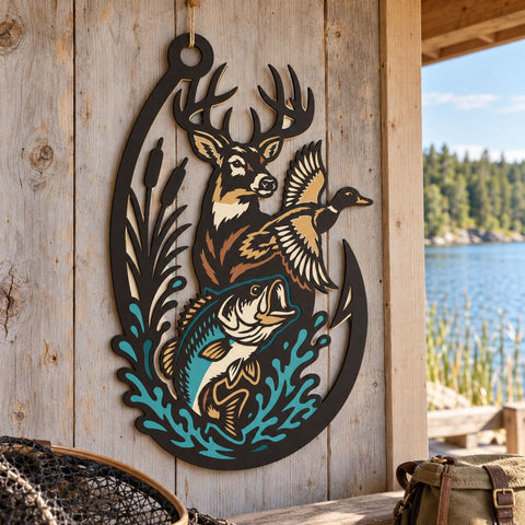 Hunting Fishing Hook 3D SVG | Deer Duck Bass Laser Cut File | 6 Layer Hunting and Fishing SVG | Wildlife DXF | Outdoor Wall Art 3D Paper HappyDesignStudio 