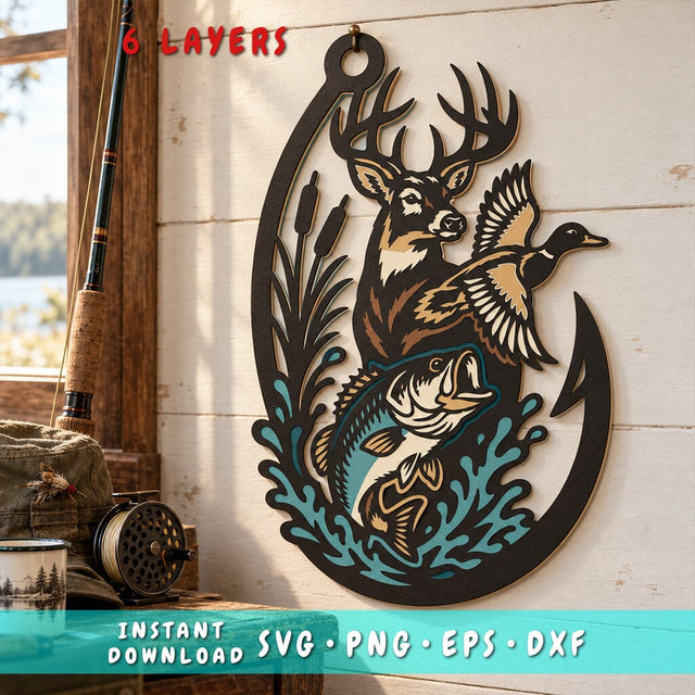 Hunting Fishing Hook 3D SVG | Deer Duck Bass Laser Cut File | 6 Layer Hunting and Fishing SVG | Wildlife DXF | Outdoor Wall Art 3D Paper HappyDesignStudio 