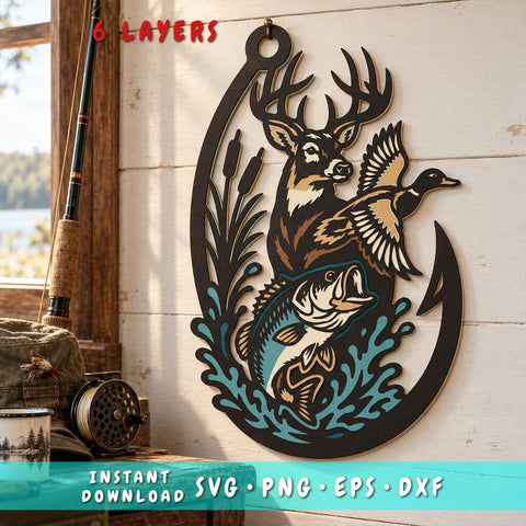Hunting Fishing Hook 3D SVG | Deer Duck Bass Laser Cut File | 6 Layer Hunting and Fishing SVG | Wildlife DXF | Outdoor Wall Art 3D Paper HappyDesignStudio 