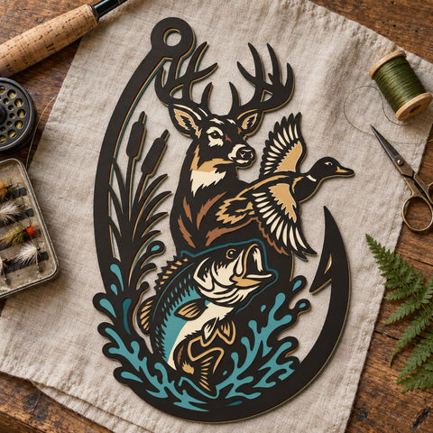 Hunting Fishing Hook 3D SVG | Deer Duck Bass Laser Cut File | 6 Layer Hunting and Fishing SVG | Wildlife DXF | Outdoor Wall Art 3D Paper HappyDesignStudio 
