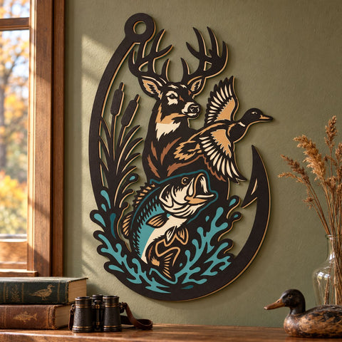 Hunting Fishing Hook 3D SVG | Deer Duck Bass Laser Cut File | 6 Layer Hunting and Fishing SVG | Wildlife DXF | Outdoor Wall Art 3D Paper HappyDesignStudio 