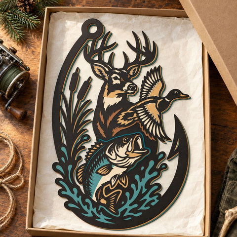 Hunting Fishing Hook 3D SVG | Deer Duck Bass Laser Cut File | 6 Layer Hunting and Fishing SVG | Wildlife DXF | Outdoor Wall Art 3D Paper HappyDesignStudio 