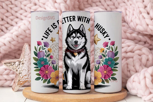 Husky Floral Tumbler Wrap PNG Sublimation DesignSVG 