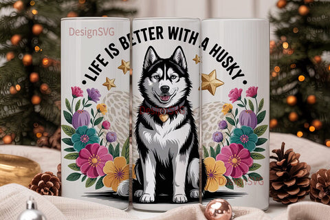 Husky Floral Tumbler Wrap PNG Sublimation DesignSVG 