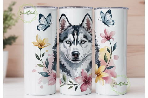 Husky Floral Watercolor 20oz Tumbler Sublimation PixelChick 
