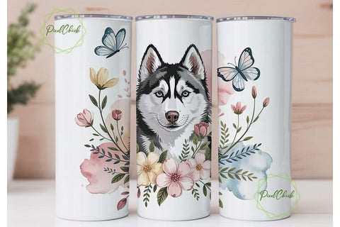 Husky Floral Watercolor 20oz Tumbler Sublimation PixelChick 