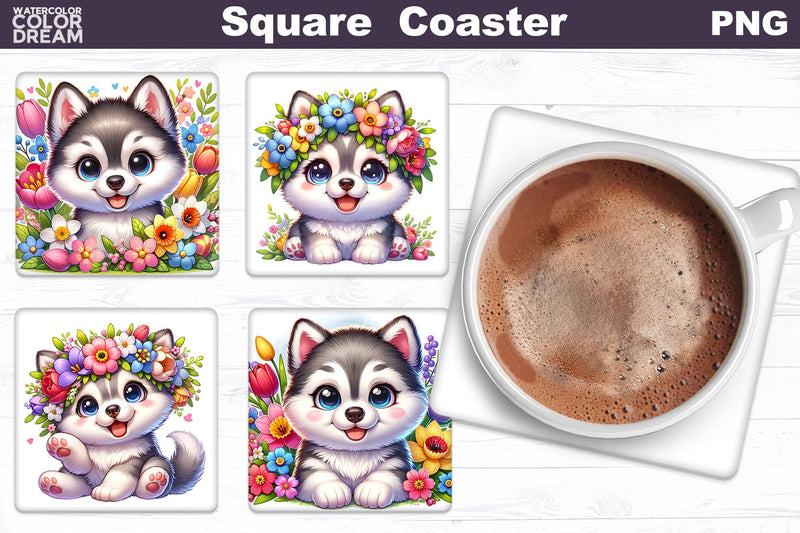 Husky Square Coaster | Dog Flowers Square Coaster Sublimation WatercolorColorDream 