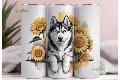 Husky & Sunflowers 20oz Tumbler Wrap Sublimation PixelChick 