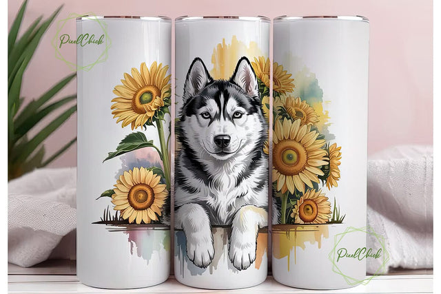Husky & Sunflowers 20oz Tumbler Wrap Sublimation PixelChick 