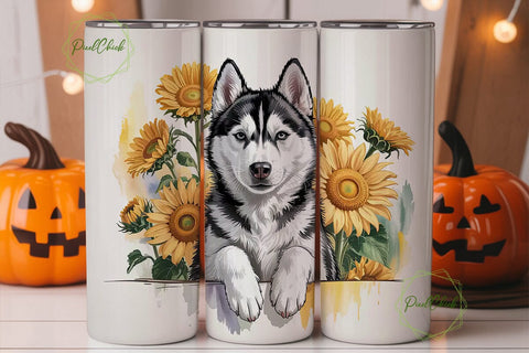 Husky & Sunflowers 20oz Tumbler Wrap Sublimation PixelChick 