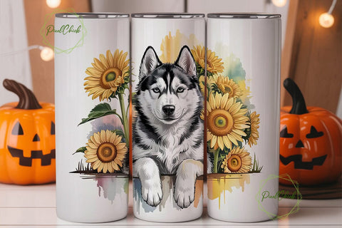 Husky & Sunflowers 20oz Tumbler Wrap Sublimation PixelChick 
