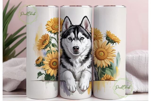 Husky & Sunflowers 20oz Tumbler Wrap Sublimation PixelChick 