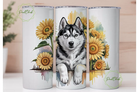 Husky & Sunflowers 20oz Tumbler Wrap Sublimation PixelChick 