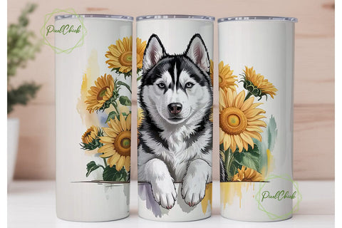 Husky & Sunflowers 20oz Tumbler Wrap Sublimation PixelChick 
