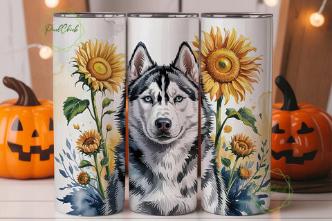 Husky & Sunflowers Tumbler Wrap Sublimation PixelChick 