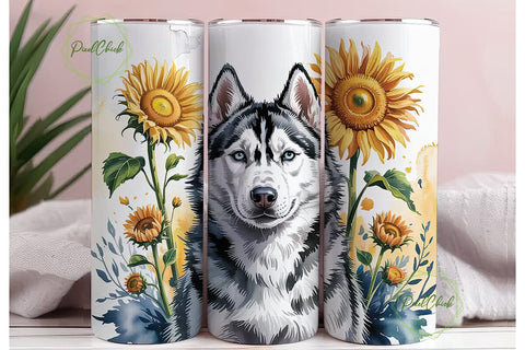 Husky & Sunflowers Tumbler Wrap Sublimation PixelChick 