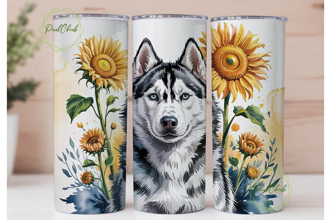 Husky & Sunflowers Tumbler Wrap Sublimation PixelChick 