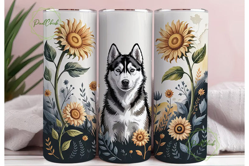 Husky & Sunflowers Tumbler Wrap Sublimation PixelChick 