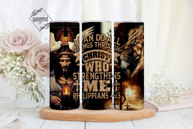 I Can Do All Things Through Christ 20oz Skinny Tumbler, Christian Tumbler Wrap PNG Digital Download, Lion Of Judah, Religious Tumbler Wrap Sublimation sassyprint 