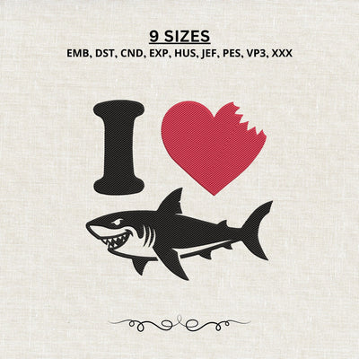 I Love Sharks Embroidery Design – Shark Bite Heart Great White Shark Machine Embroidery File Embroidery/Applique DESIGNS PatternFeed8 